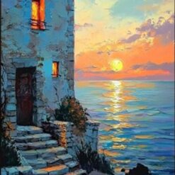 Vibrant Hand-Painted Coastal Sunset with Stone House and Water Steps – Ideal Textured Art for Living Room & Restaurant