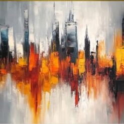 Unique Hand-Painted Abstract City Scene with Thick Layers – Warm Tones and Gray Sky for Modern Living Room & Restaurant Walls