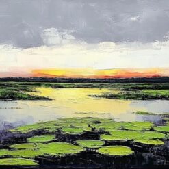 Hand-Painted Watermill Oil Painting – Impressionist Landscape in Minimalist Japanese Style for Dining Room & Entryway