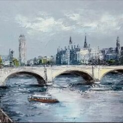 Hand-Painted Bridge Oil Painting – Modern Cityscape Wall Art for Living Room, Dining Room & Entryway