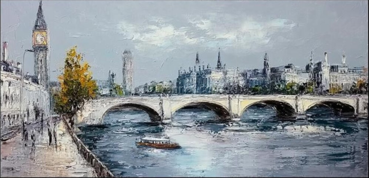 Hand-Painted Bridge Oil Painting – Modern Cityscape Wall Art for Living Room, Dining Room & Entryway