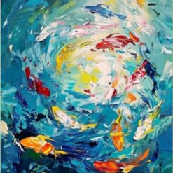 Unique Hand-Painted Koi Fish Oil Painting – Textured Blue Water with Playful Koi for Dining Room & Entryway