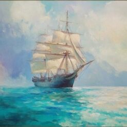 Dafen Village Original Ocean Oil Painting: Sailing Boat in Blue-Green Sea with Textured Layers for Modern Home Decor