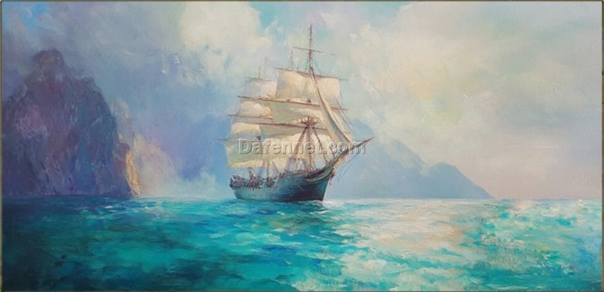 Dafen Village Original Ocean Oil Painting: Sailing Boat in Blue-Green Sea with Textured Layers for Modern Home Decor