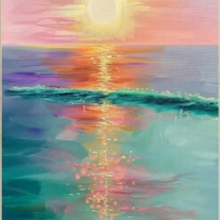 Hand-Painted Sunrise Seascape Oil Painting – Sun Reflection on Water with Sparkling Waves for Living Room & Dining Room