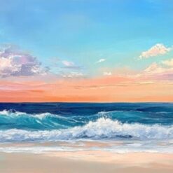 Hand-Painted Abstract Ocean Oil Painting – Blue Sea with Pink Horizon for Living Room, Entryway & Dining Room