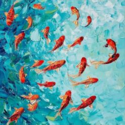 Hand-Painted Abstract Koi Fish Oil Painting – Blue-Green Sea with Red Koi for Living Room, Entryway & Dining Room