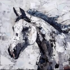 Hand-Painted Abstract Horse Oil Painting – Gray and White Horse with Palette Knife Technique for Living Room & Dining Room