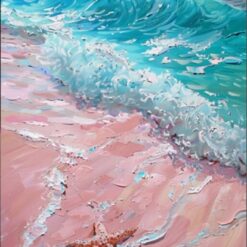 Hand-Painted Abstract Ocean Oil Painting – Blue Waves Hitting Pink Beach with Starfish for Living Room & Dining Room