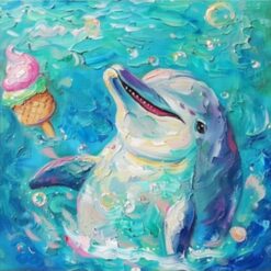 Hand-Painted Dolphin Oil Painting – Playful Dolphins Blowing Bubbles with Ice Cream for Living Room & Dining Room