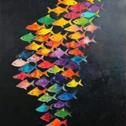 Hand-Painted Modern Abstract Oil Painting – Tropical Fish and Sailboat in Vibrant Colors for Living Room & Dining Room