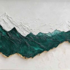 Green and White Textured Canvas Art – Abstract Mountain Oil Painting for Elegant Wall Décor