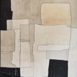Neutral Minimalist Canvas Art – Beige and Black Textured Oil Painting for Bohemian Wall Decoration