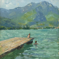 Customizable Green Lake Landscape Oil Painting – Abstract Countryside Art for Home and Cottage Walls
