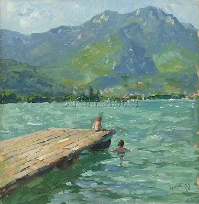 Customizable Green Lake Landscape Oil Painting – Abstract Countryside Art for Home and Cottage Walls
