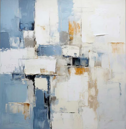 Neutral Beige and Blue Abstract Oil Painting – Textured Canvas Modern Art for Stylish Wall Décor
