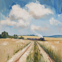 Neutral Landscape Canvas Art – Original Textured Oil Painting of Vintage Countryside with Blue Sky