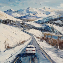 Snowy Mountain Landscape Oil Painting – White and Blue Textured Canvas Art for Winter Wall Décor