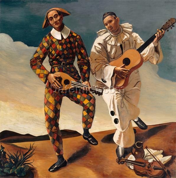 Hand – Painted Neoclassical Genre Painting ‘Harlequin and Pierrot’ INSPIRED BY Andre Derain (1924), Created by Dafen Village Artisans