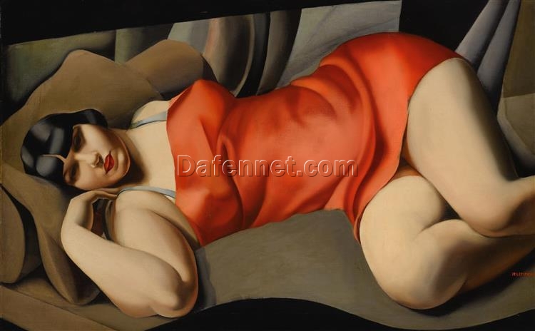 Lempicka-Inspired “Woman in Red (Portrait of Mrs. Bush)” – Hand-Painted Art Deco Portrait for Luxury Home & Office Décor | DaFen Village Studio