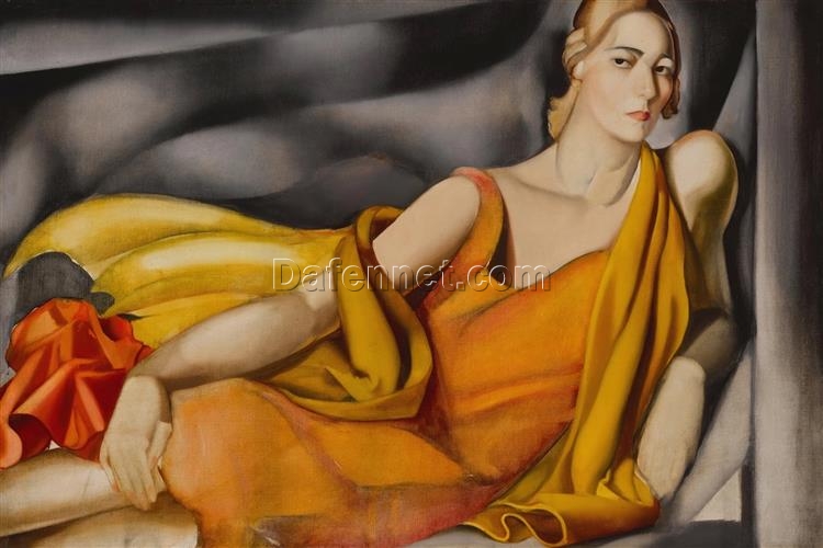 Lempicka-Inspired “Woman in a Yellow Dress” – Hand-Painted Art Deco Portrait for Luxury Home & Office Décor | DaFen Village Studio