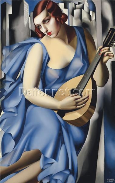 Lempicka-Inspired “Blue Woman with a Guitar” Oil Painting – Hand-Painted Art Deco Portrait for Luxury Home & Office Décor | DaFen Village Studio