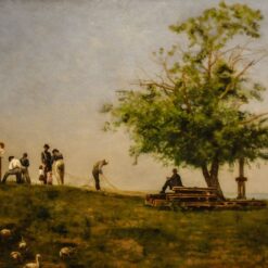 Authentic-Looking Realist Genre Painting "Mending the Net" (1881) by Thomas Eakins - Dafen Village Creation, Oil Painting for Home and Office Spaces, Adored by Art Aficionados and Those Who Appreciate the Beauty of Everyday Labor