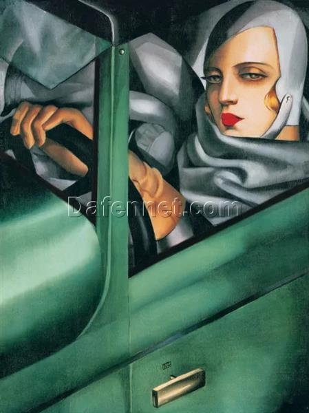 Tamara de Lempicka-Inspired “My Portrait (Self-Portrait in the Green Bugatti)” – Handcrafted Art Deco Oil Painting for Classic & Vintage Wall Art | DaFen Village Studio