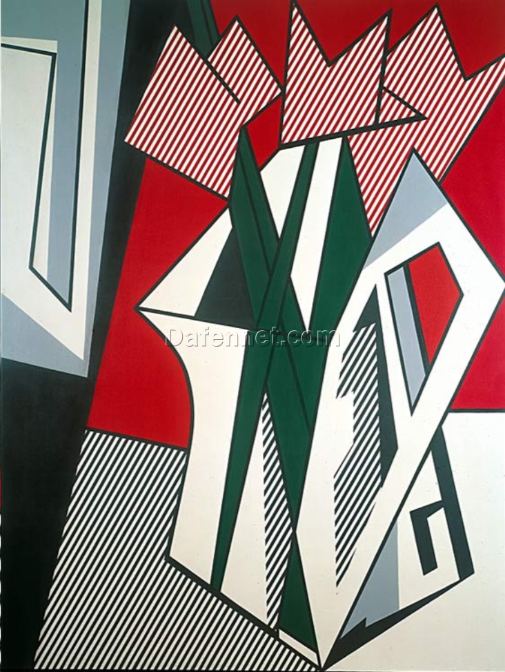 Charming Pop Art ‘Pink Flowers’ by Roy Lichtenstein Inspired Oil Painting – Handmade in Dafen Village, Ideal for Art Lovers and Interior Decor
