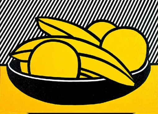 Lively Pop Art ‘Bananas and Grapefruit’ Inspired Oil Painting by Roy Lichtenstein - Hand - painted in Dafen Village for Art Lovers and Food Art Enthusiasts (Peinture à l'huile inspirée de Bananes et Pamplemousses par Roy Lichtenstein, peinte à la main dans le village de Dafen pour les amateurs d'art et de gastronomie)