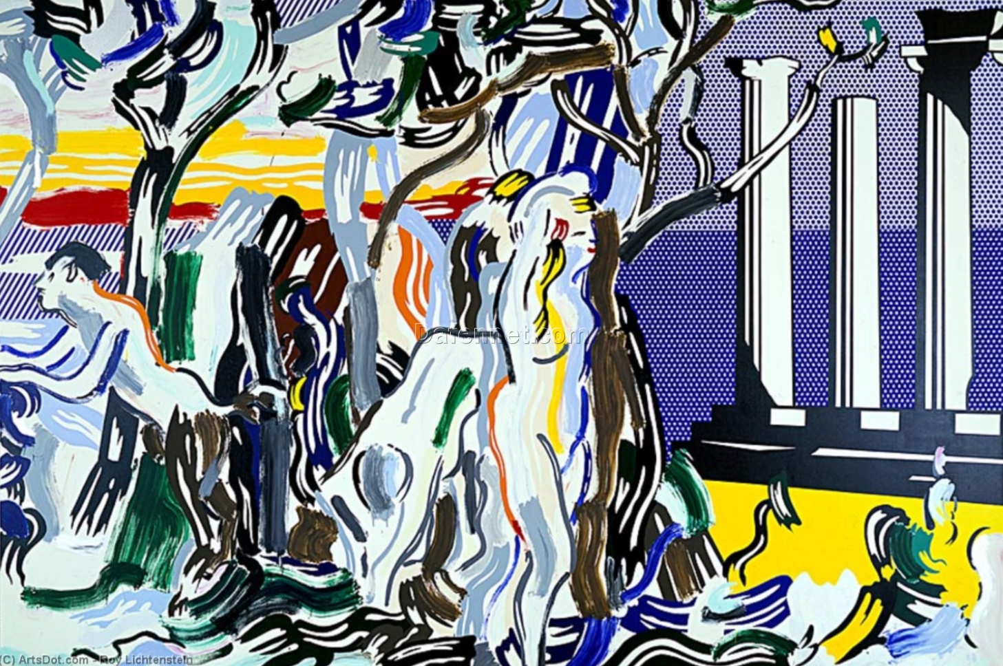 Authentic – Style ‘Forest Scene with Temple’ Oil Painting in Roy Lichtenstein’s Manner – Created by Dafen Village Studios