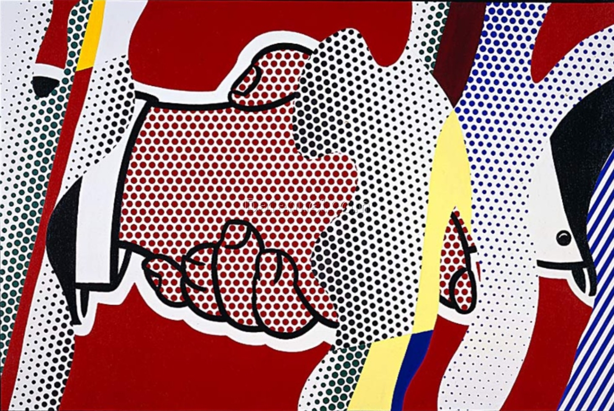 Unique ‘Reflections Handshake’ Oil Painting Inspired by Roy Lichtenstein – Handmade in Dafen Village for Art Aficionados