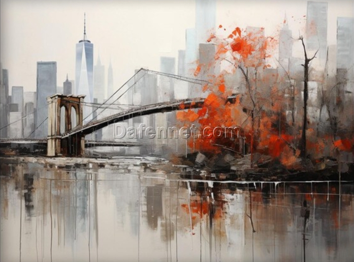 Exclusive 100% Hand – Crafted Brooklyn Bridge and New York Skyline Oil Painting – Transforming Living Rooms with Textured Abstract Design