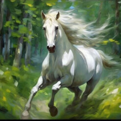 100% Handmade Textured Oil Painting of a Strong White Horse in the Forest - Abstract Wall Art for Modern Living Room Decor
