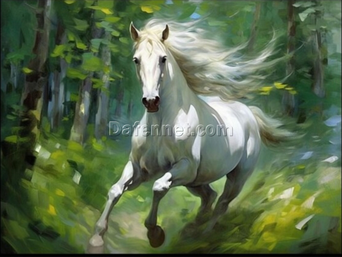 100% Handmade Textured Oil Painting of a Strong White Horse in the Forest – Abstract Wall Art for Modern Living Room Decor