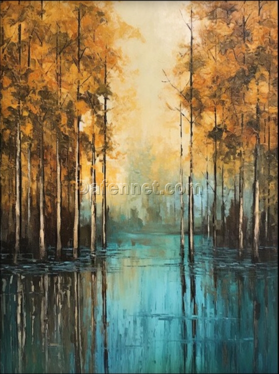 Dafen Village’s Custom – Made 100% Hand – Painted Autumn Lake Scene in Warm Tones – Ideal Abstract Decor for Contemporary Living Rooms