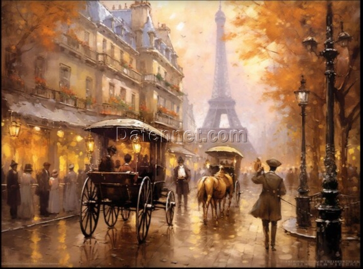 Exclusive 100% Hand – Crafted Oil Painting Depicting Nostalgic Eiffel and Carriage – Transforming Living Rooms with Textured Abstract Design