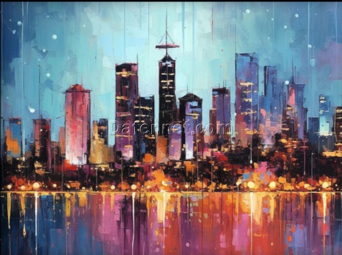 100% Handmade Textured Oil Painting of Colorful City Lights – Abstract Wall Art for Modern Living Room Decor