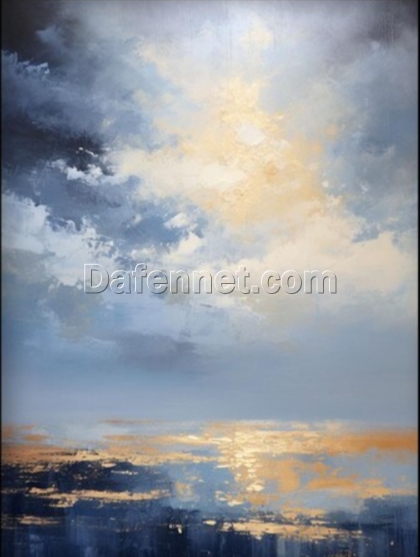 Exclusive 100% Hand – Crafted Oil Painting Showcasing a Golden Sun Amidst Clouds – Transforming Living Rooms with Textured Abstract Design