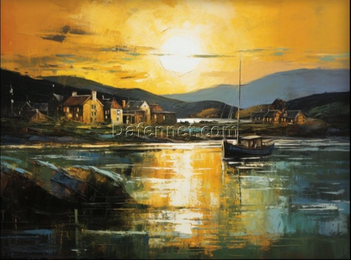 100% Hand – Crafted Oil Painting: A Nostalgic House by the Ocean at Sunset with Textured Abstraction – Exceptional Wall Art for Modern Living Room Decoration