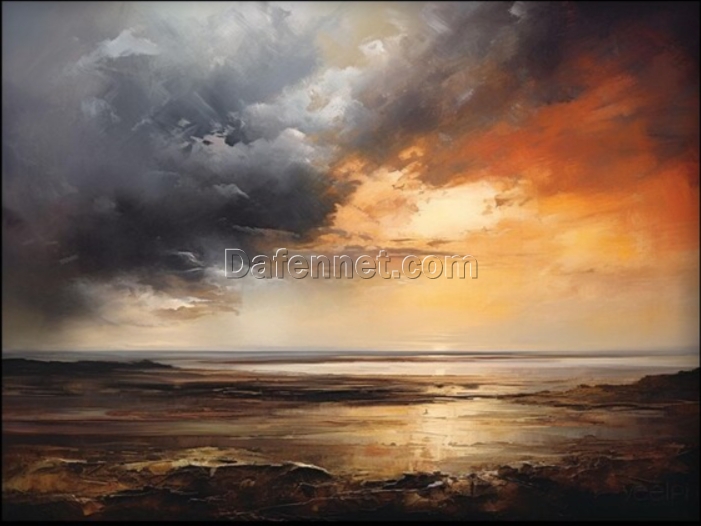100% Hand – Painted Oil Painting: Sunlight through Grey Clouds in Orange Hue with Textured Abstract Art – Ideal for Modern Living Room Wall Decoration