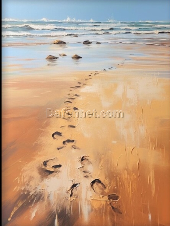 100% Hand – Painted Oil Painting: Beach Footprints and Ocean Waves in Textured Abstract Style – Prime Wall Decor for Modern Living Rooms