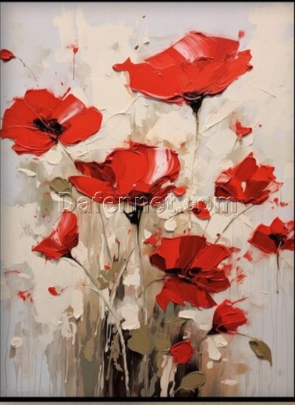 100% Hand – Painted Red Poppy Oil Painting in Black and Beige Tones by Dafen Village Studio – Textured Abstract Art for Stunning Home and Hotel Wall Decor