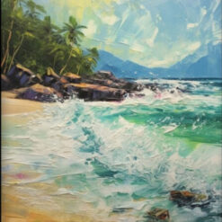 Unique 100% Handmade Oil Artwork of Seaside Palm Trees Amidst Ocean Waves in Textured Abstract Style - Ideal for Contemporary Living Spaces
