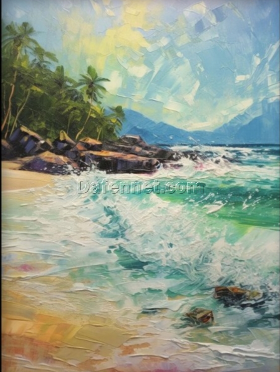 Unique 100% Handmade Oil Artwork of Seaside Palm Trees Amidst Ocean Waves in Textured Abstract Style – Ideal for Contemporary Living Spaces