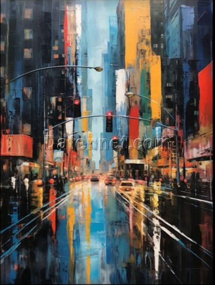 Dafen Village Studio’s 100% Hand – Crafted Textured Abstract Painting of City’s Colorful Spirit – Perfect for Modern Living Room Decoration