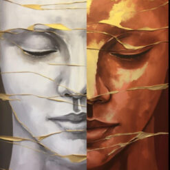 100% Hand - Painted Textured Abstract Oil Painting: Burning Orange and White Face with Gold Accents for Modern Living Room Walls