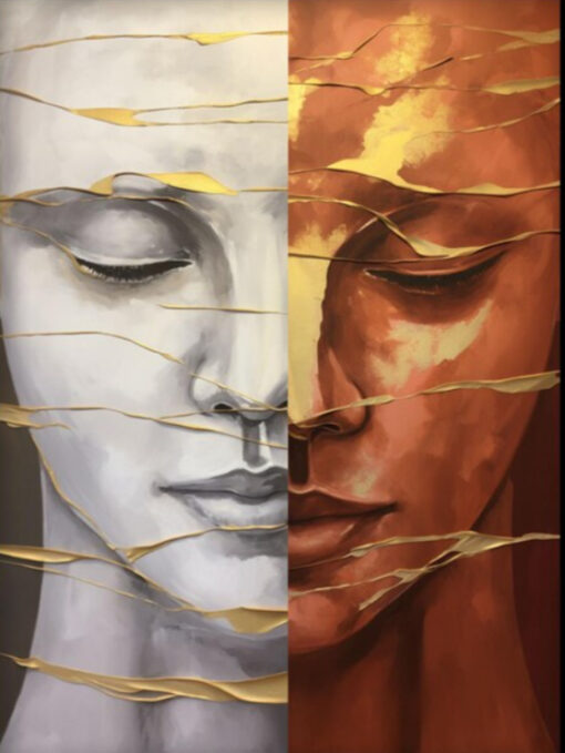 100% Cuadro abstracto al óleo con textura, pintado a mano: rostro en tonos naranja intenso y blanco con detalles dorados, ideal para las paredes de un salón moderno