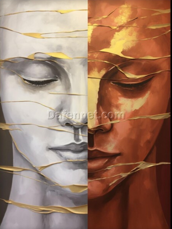 100% Hand – Painted Textured Abstract Oil Painting: Burning Orange and White Face with Gold Accents for Modern Living Room Walls