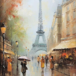 Dafen Village Studio's 100% Hand - Crafted Textured Abstract Painting of Eiffel Tower and People in the Rain - Perfect Wall Decoration for Modern Living Rooms
